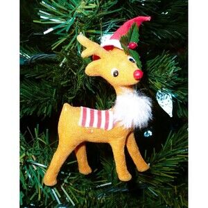 Vintage Flocked Red Nosed Reindeer with Holly and Hat Christmas Ornament Tan